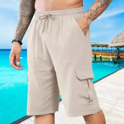 Best OUKU Men's Shorts Linen Shorts Summer Shorts Beach Shorts Drawstring Elastic Waist Multi Pocket Plain Comfort Breathable Short Vacation Holiday Beach Hawaiian Boho Black White