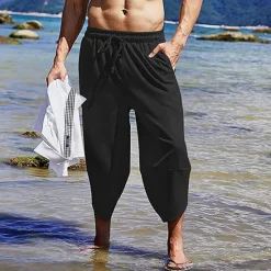 Sale OUKU Men's Shorts Linen Shorts Summer Shorts Beach Shorts Boho Pants Drawstring Elastic Waist Plain Comfort Breathable Outdoor Daily Going out Fashion Streetwear Black Wine