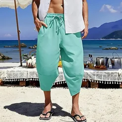 Sale OUKU Men's Shorts Linen Shorts Summer Shorts Beach Shorts Boho Pants Drawstring Elastic Waist Plain Comfort Breathable Outdoor Daily Going out Fashion Streetwear Black Wine