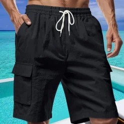 Online OUKU Men's Shorts Linen Shorts Summer Shorts Beach Shorts Drawstring Elastic Waist Multi Pocket Plain Comfort Breathable Short Vacation Holiday Beach Hawaiian Boho Black White