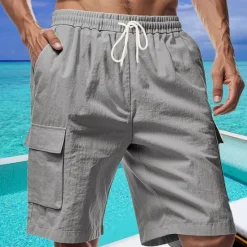 Online OUKU Men's Shorts Linen Shorts Summer Shorts Beach Shorts Drawstring Elastic Waist Multi Pocket Plain Comfort Breathable Short Vacation Holiday Beach Hawaiian Boho Black White