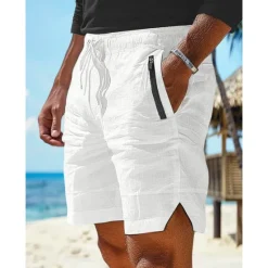 Online OUKU Men's Shorts Linen Shorts Summer Shorts Beach Shorts Pocket Drawstring Elastic Waist Plain Comfort Breathable Short Casual Daily Holiday Fashion Classic Style White Army Green