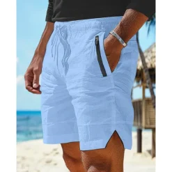 Online OUKU Men's Shorts Linen Shorts Summer Shorts Beach Shorts Pocket Drawstring Elastic Waist Plain Comfort Breathable Short Casual Daily Holiday Fashion Classic Style White Army Green