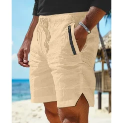 Online OUKU Men's Shorts Linen Shorts Summer Shorts Beach Shorts Pocket Drawstring Elastic Waist Plain Comfort Breathable Short Casual Daily Holiday Fashion Classic Style White Army Green