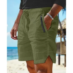 Online OUKU Men's Shorts Linen Shorts Summer Shorts Beach Shorts Pocket Drawstring Elastic Waist Plain Comfort Breathable Short Casual Daily Holiday Fashion Classic Style White Army Green