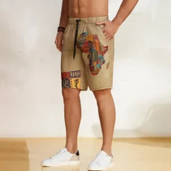 Sale OUKU Men's Shorts Summer Shorts Beach Shorts Drawstring Elastic Waist African Map Print Ethnic Style Breathable Soft Short Casual Daily Holiday Designer Clothing Khaki