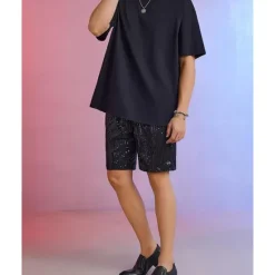 OUKU Men's Shorts Summer Shorts Casual Shorts Pocket Elastic Waist Sequin Plain Comfort Breathable Short Outdoor Vacation Sport Casual Silver Black