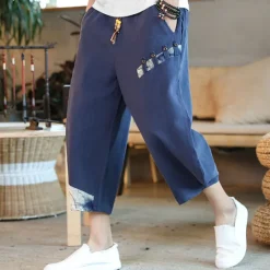 OUKU Men's Shorts Summer Shorts Bloomers Capri Pants Drawstring Elastic Waist Side Button Patchwork Comfort Breathable Calf-Length Casual Daily Holiday Fashion Ethnic Style Black White