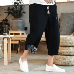 OUKU Men's Shorts Summer Shorts Bloomers Capri Pants Drawstring Elastic Waist Side Button Patchwork Comfort Breathable Calf-Length Casual Daily Holiday Fashion Ethnic Style Black White