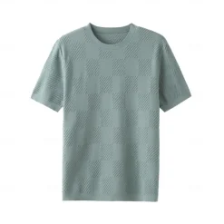 Discount OUKU Men's Silk Linen Cotton T Shirt Checkerboard Crew Neck School Training Short Sleeve Crewneck Knitting Clothing Apparel Knitwear Vacation Vintage Neutral
