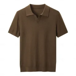 Sale OUKU Men's SIlk Linen Cotton Turndown V Neck Knit T Shirt School Training Short Sleeve Clothing Apparel Knitwear Vacation Vintage Neutral