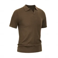 Sale OUKU Men's SIlk Linen Cotton Turndown V Neck Knit T Shirt School Training Short Sleeve Clothing Apparel Knitwear Vacation Vintage Neutral