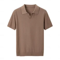 Sale OUKU Men's SIlk Linen Cotton Turndown V Neck Knit T Shirt School Training Short Sleeve Clothing Apparel Knitwear Vacation Vintage Neutral