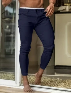 Sale OUKU Men's Skinny Trousers Chinos Chino Pants Casual Pants Pocket Plain Comfort Soft Full Length Outdoor Daily Going out Fashion Streetwear Black White Micro-elastic