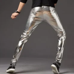 Outlet OUKU Men's Skinny Trousers Faux Leather Pants Casual Pants Patchwork Pocket Solid Color Comfort Lightweight Party Club Streetwear Streetwear Stylish Black Golden