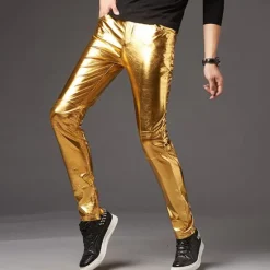 Outlet OUKU Men's Skinny Trousers Faux Leather Pants Casual Pants Patchwork Pocket Solid Color Comfort Lightweight Party Club Streetwear Streetwear Stylish Black Golden