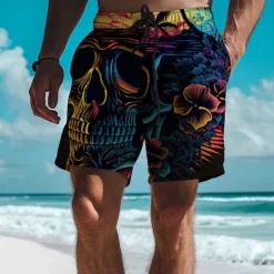 Hot OUKU Men's Skull Coconut Tree Swim Trunks Swim Shorts Board Shorts Mid Waist Vacation Hawaiian Holiday Vacation Holiday Beach Drawstring with Mesh lining Elastic Waist Designer Clothing Apparel