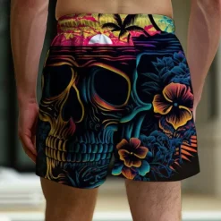 Hot OUKU Men's Skull Coconut Tree Swim Trunks Swim Shorts Board Shorts Mid Waist Vacation Hawaiian Holiday Vacation Holiday Beach Drawstring with Mesh lining Elastic Waist Designer Clothing Apparel