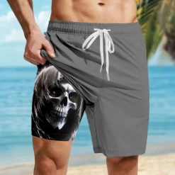 Hot OUKU Men's Skull Dark Gothic Lined Shorts 2 in 1 Board Shorts Swim Shorts Mid Waist Hawaiian Retro Vintage Holiday Beach Wear Side Pockets With Compression Liner Elastic Drawstring Waist Designer Clothing