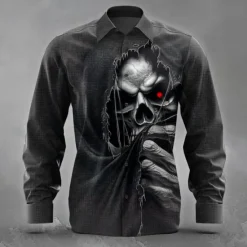 Clearance OUKU Men's Skull Death Ripped Shirt Button Up Shirt Long Sleeve Dark Punk Gothic Style Holiday Streetwear Summer Spring Turndown 3D Print Collared Shirts Black 1 Black 3 Black Black 2