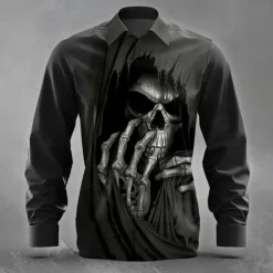 Clearance OUKU Men's Skull Death Ripped Shirt Button Up Shirt Long Sleeve Dark Punk Gothic Style Holiday Streetwear Summer Spring Turndown 3D Print Collared Shirts Black 1 Black 3 Black Black 2