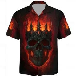 Hot OUKU Men's Skull Devil Flame Shirt Cuban Collar Shirt Button Up Shirt Short Sleeve Dark Punk Gothic Style Holiday Streetwear Summer Camp Collar Shirt 3D Print Black 1 Black