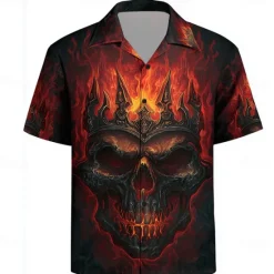 Hot OUKU Men's Skull Devil Flame Shirt Cuban Collar Shirt Button Up Shirt Short Sleeve Dark Punk Gothic Style Holiday Streetwear Summer Camp Collar Shirt 3D Print Black 1 Black
