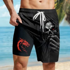 OUKU Men's Skull Dragon Halloween Costumes Lined Shorts 2 in 1 Board Shorts Swim Shorts Mid Waist Vintage Retro Vacation Holiday Beach Wear Side Pockets With Compression Liner Elastic Drawstring Waist Black