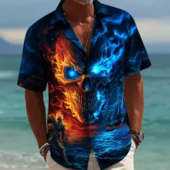 Hot OUKU Men's Skull Flame Halloween Costumes Shirt Cuban Collar Shirt Button Up Shirt Short Sleeve Dark Punk Gothic Style Holiday Streetwear Summer Camp Collar Shirt 3D Print Blue 2# Blue 1# Dark Blue