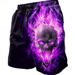 Online OUKU Men's Skull Flame Halloween Costumes Swim Trunks Swim Shorts Board Shorts Mid Waist Dark Punk Gothic Style Holiday Streetwear Side Pockets Mesh Lining Elastic Drawstring Waist Designer Clothing