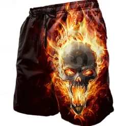 Online OUKU Men's Skull Flame Halloween Costumes Swim Trunks Swim Shorts Board Shorts Mid Waist Dark Punk Gothic Style Holiday Streetwear Side Pockets Mesh Lining Elastic Drawstring Waist Designer Clothing