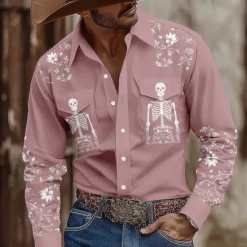Best OUKU Men's Skull Floral Print Flowers Shirt Western Shirt Cowboy Shirt Long Sleeve Vintage Retro Outdoor Casual WorkWear Spring Fall Turndown Front Two Pockets Linen Like Shirt Button Up Shirts Pink Blue