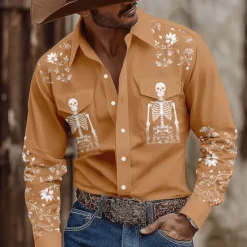 Best OUKU Men's Skull Floral Print Flowers Shirt Western Shirt Cowboy Shirt Long Sleeve Vintage Retro Outdoor Casual WorkWear Spring Fall Turndown Front Two Pockets Linen Like Shirt Button Up Shirts Pink Blue