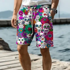 New OUKU Men's Skull Flower / Floral Swim Trunks Swim Shorts Board Shorts Mid Waist Vacation Hawaiian Holiday Vacation Holiday Beach Drawstring with Mesh lining Elastic Waist Designer Clothing Apparel