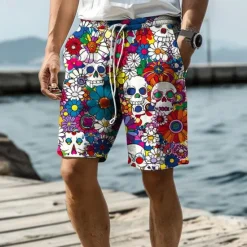 New OUKU Men's Skull Flower / Floral Swim Trunks Swim Shorts Board Shorts Mid Waist Vacation Hawaiian Holiday Vacation Holiday Beach Drawstring with Mesh lining Elastic Waist Designer Clothing Apparel