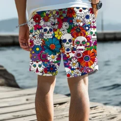 New OUKU Men's Skull Flower / Floral Swim Trunks Swim Shorts Board Shorts Mid Waist Vacation Hawaiian Holiday Vacation Holiday Beach Drawstring with Mesh lining Elastic Waist Designer Clothing Apparel