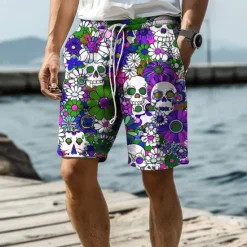 New OUKU Men's Skull Flower / Floral Swim Trunks Swim Shorts Board Shorts Mid Waist Vacation Hawaiian Holiday Vacation Holiday Beach Drawstring with Mesh lining Elastic Waist Designer Clothing Apparel