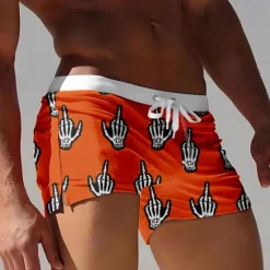 OUKU Men's Skull Funny gestures Halloween Costumes Swim Shorts Board Shorts Swimming Trunks Mid Waist 3D Print Hawaiian Surfing Holiday Beach with Mesh lining Elastic Waist Drawstring Designer Clothing