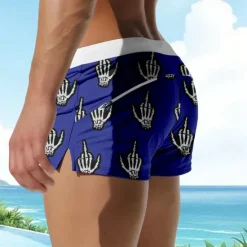 OUKU Men's Skull Funny gestures Halloween Costumes Swim Shorts Board Shorts Swimming Trunks Mid Waist 3D Print Hawaiian Surfing Holiday Beach with Mesh lining Elastic Waist Drawstring Designer Clothing