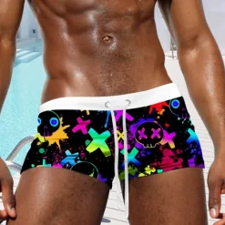 Best OUKU Men's Skull Geometric Pattern Neon Swim Trunks Swim Shorts Board Shorts Mid Waist Fashion Designer Surfing Holiday Beach Pocket Drawstring Elastic Waist Designer Clothing Apparel Black