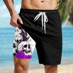 Best OUKU Men's Skull Gothic Halloween Costumes Lined Shorts 2 in 1 Board Shorts Swim Shorts Mid Waist Hawaiian Retro Vintage Holiday Streetwear Side Pockets With Compression Liner Elastic Drawstring Waist