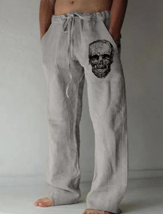 New OUKU Men's Skull Graphic Prints Trousers Summer Pants Beach Pants Mid Waist Streetwear Hawaiian Designer Casual Daily Holiday Drawstring Elastic Waist 3D Print Spring & Summer 3D Print White Green Khaki