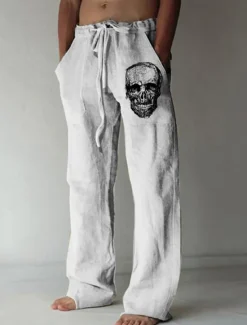 New OUKU Men's Skull Graphic Prints Trousers Summer Pants Beach Pants Mid Waist Streetwear Hawaiian Designer Casual Daily Holiday Drawstring Elastic Waist 3D Print Spring & Summer 3D Print White Green Khaki
