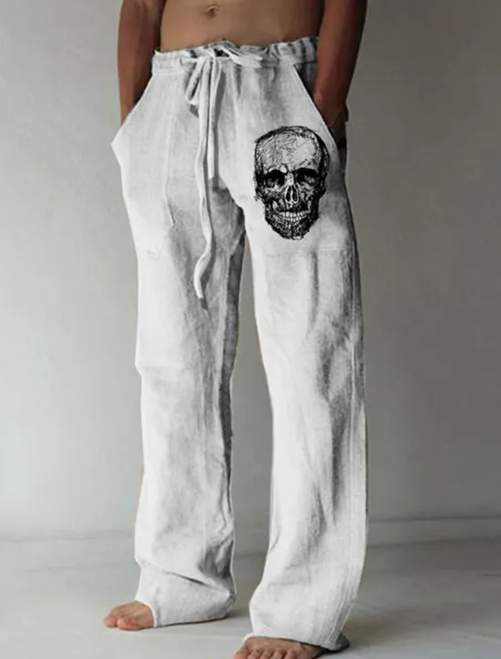 New OUKU Men's Skull Graphic Prints Trousers Summer Pants Beach Pants Mid Waist Streetwear Hawaiian Designer Casual Daily Holiday Drawstring Elastic Waist 3D Print Spring & Summer 3D Print White Green Khaki