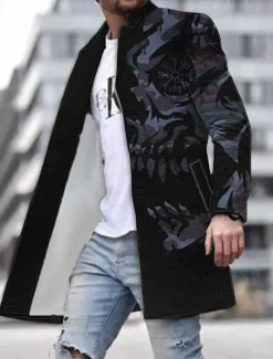 Online OUKU Men's Skull Graphic Prints Winter Coat Overcoat Coat Warm Breathable Comfortable Fashion Streetwear Cool Work Daily Wear Going out Pocket Print Fall & Winter Turndown Long Sleeve Purple Fuchsia Green