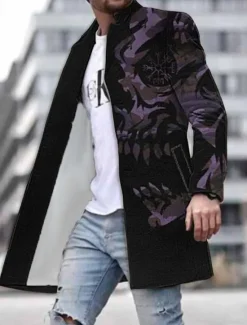 Online OUKU Men's Skull Graphic Prints Winter Coat Overcoat Coat Warm Breathable Comfortable Fashion Streetwear Cool Work Daily Wear Going out Pocket Print Fall & Winter Turndown Long Sleeve Purple Fuchsia Green