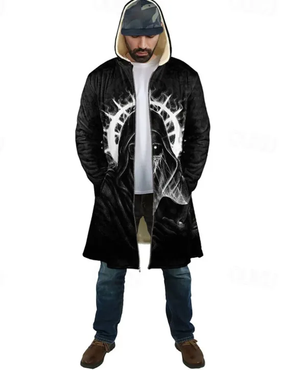 Online OUKU Men's Skull Graphic Prints Winter Coat Fleece Jacket Coat Warm Breathable Comfortable Fashion Streetwear Casual Daily Sports & Outdoor Daily Wear Going out Zipper Pocket Print Fall & Winter Hoodie Black