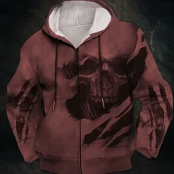 Sale OUKU Men's Skull Graphic Prints Hoodie Hoodies Sweatshirt Streetwear Designer Long Sleeve Hooded Sports & Outdoor Daily Sports Wine Red Zipper Print Spring & Fall Designer