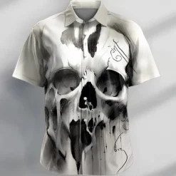 Discount OUKU Men's Skull Halloween Costumes Shirt Short Sleeve Casual Dark Party Daily Holiday Summer Turndown Buttons Print Gray