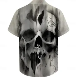 Discount OUKU Men's Skull Halloween Costumes Shirt Short Sleeve Casual Dark Party Daily Holiday Summer Turndown Buttons Print Gray